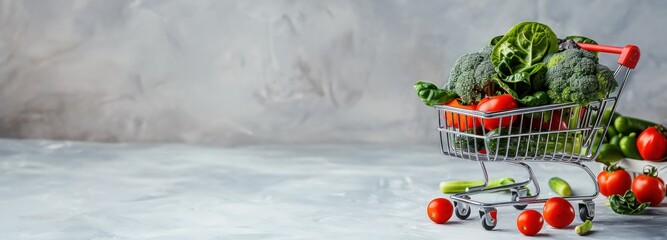 Un caddie rempli de légumes et de fruits frais sur un fond  isolé clair, image avec espace pour texte. - obrazy, fototapety, plakaty