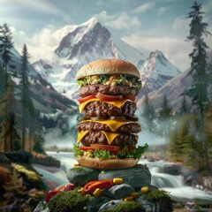 Un gigantesque hamburger avec des montagnes en arrière-plan, photo publicitaire réaliste dans un style cinématographique. - obrazy, fototapety, plakaty