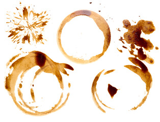 Spilled coffee with drops and splashes, round imprints from a cup
