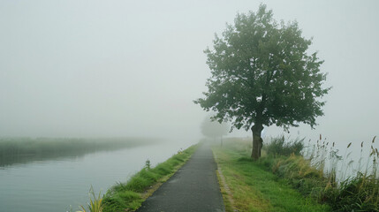 A tree in the mist next to a bike path 