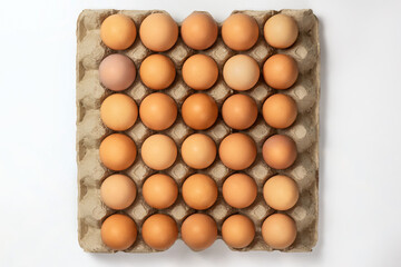 Eggs in paper tray isolated on white. Close-up of raw chicken eggs in a paper tray. A group of fresh white eggs in a paper carton. Top view