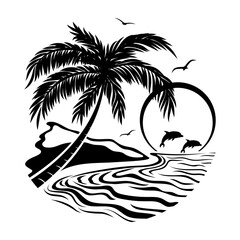 Tropical beach with palm tree on white background.