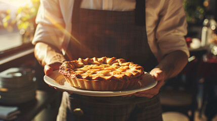 A waiter holds a plate with a pie struck by strong sun - obrazy, fototapety, plakaty