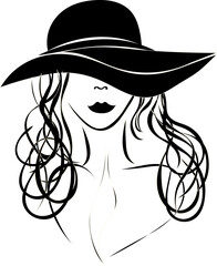 Beautiful, sexy and seductive woman, vector drawing of the face and neck of a woman with a smart hat and long curly hair in black colour