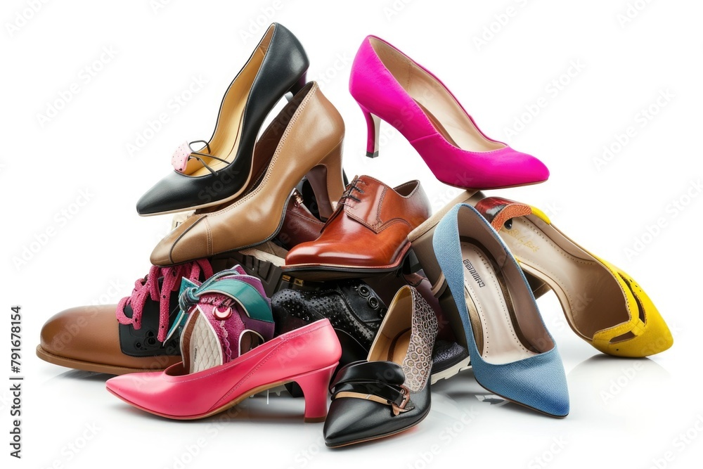 Wall mural stack of women's shoes on a white background. perfect for fashion blogs and shoe advertisements