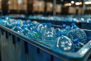 A large blue bin full of clear plastic bottles.