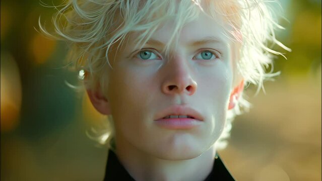 Portrait of young albino man with short hair and blue eyes in sun light. International Albinism Awareness Day concept