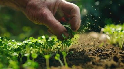 A hand sprinkling a sprout of green plants, suitable for environmental and gardening concepts - obrazy, fototapety, plakaty