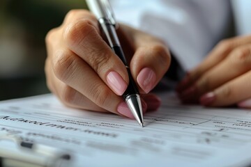 Close up of a woman's hand filling out a form with a pen - obrazy, fototapety, plakaty