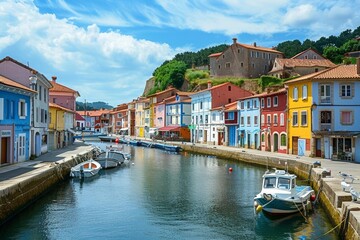 Obraz premium A charming seaside town with colorful houses lining the harbor and fishing boats in the water.