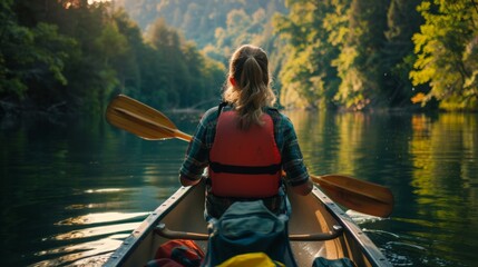 Serene Canoeing Adventure at Dusk on a Forest Lake - obrazy, fototapety, plakaty