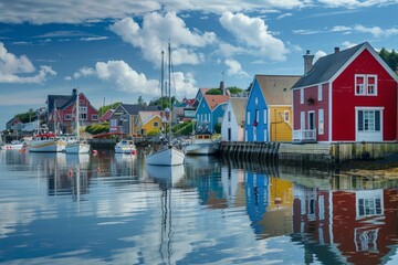 A charming seaside town with colorful houses lining the harbor and fishing boats in the water.