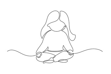 Girl meditating in lotus pose. Continuous line drawing. Yoga, mindfulness, relax concept doodle illustration.
