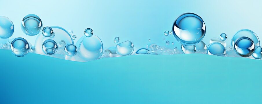 Cyan bubble with water droplets on it, representing air and fluidity. Web banner with copy space for photo text or product, blank empty copyspace