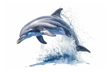 An illustration of a happy dolphin leaping out of the water with a big splash.