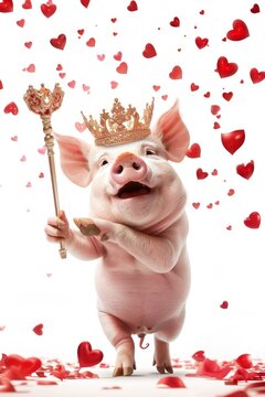 A cute pig wearing a crown and holding a scepter with hearts floating around on a white background.