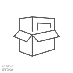 Product packaging icon. Simple outline style. Box, package, carton, cardboard, distribution, open package, delivery service concept. Thin line symbol. Vector illustration isolated. Editable stroke.