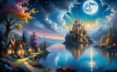 Fairytale Castle by the Lake Under a Full Moon