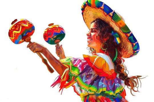 Fototapeta Mexican girl playing maracas in carnival procession