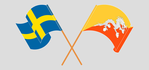 Crossed flags of Sweden and Bhutan. Official colors. Correct proportion