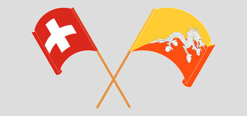 Crossed flags of Switzerland and Bhutan. Official colors. Correct proportion