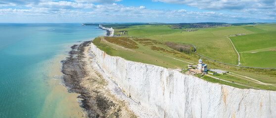 Seven sisters, Belle Tout Lighthouse, famous tourism location and world heritage in south England,...