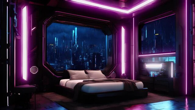 Cyberpunk Animated Background Bedroom | Neon Lights & Futuristic Cityscape Window View | Ideal for OBS, Twitch, Zoom and Streams - Live Stream - Cyberpunk Room - Future - Magical - HD - Seamless Loop