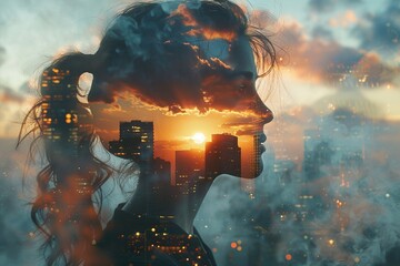 Dreamy double exposure: a woman's form merges with a bustling cityscape, wispy smoke trails against a fiery sunset. - obrazy, fototapety, plakaty