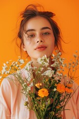Fototapeta premium A woman holding a bouquet of flowers in front of an orange wall. Perfect for lifestyle or floral-themed designs