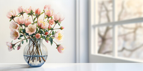 Bouquet of blooming pink flowers in a clear vase Near the window on a white background