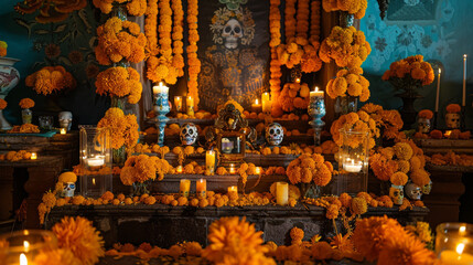 A solemn Day of the Dead altar adorned with marigolds, candles, and sugar skulls.