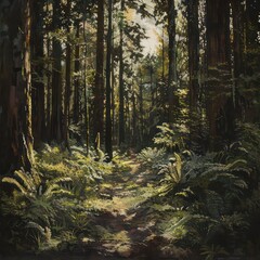 Obraz premium Beautiful rays of sunlight in a green forest and forest