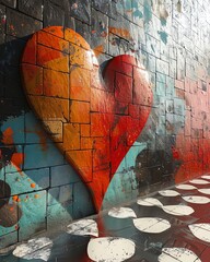 Surreal 3D depiction of a graffiti wall where abstract shapes and colors merge into an image of a heart healing a broken world