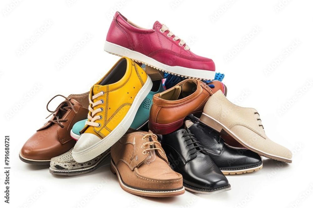 Wall mural Various types of shoes displayed on a white background, suitable for fashion or footwear concepts