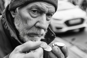 A man with a beard examining a coin. Suitable for financial concepts