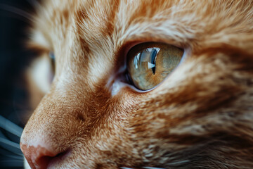 Red striped cat photography. Open eye black orange fur with stripes macro. Side look cat animal pet...