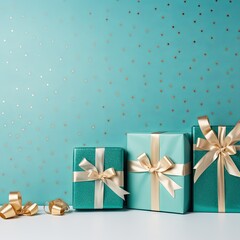 Obraz na płótnie Canvas Gift boxes with ribbon on cyan background, flat lay, banner with copy space for photo text or product, blank empty copyspace