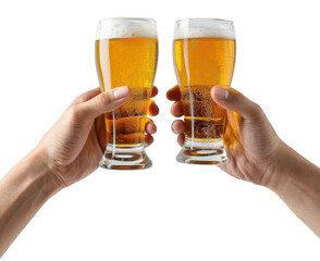 handsman holding beer glasses toast isolated on transparent background