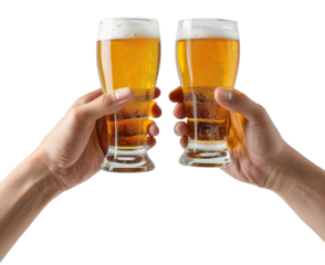 handsman holding beer glasses toast isolated on transparent background