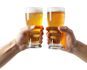 handsman holding beer glasses toast isolated on transparent background