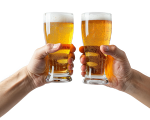 handsman holding beer glasses toast isolated on transparent background
