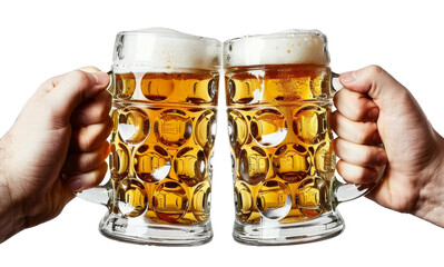 handsman holding beer glasses toast isolated on transparent background