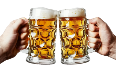 handsman holding beer glasses toast isolated on transparent background