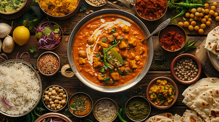 Traditional indian cuisine, Top view with copy space, hyperrealistic food photography
