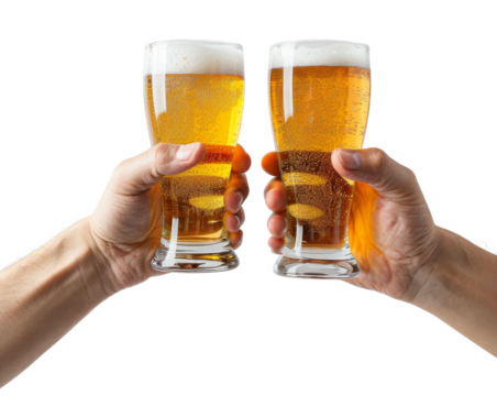 handsman holding beer glasses toast isolated on transparent background