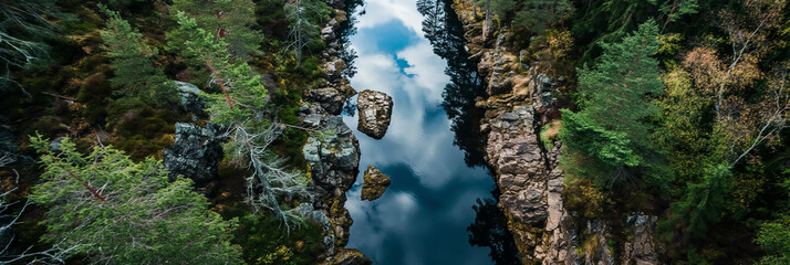 Fototapeta premium Aerial view of Panoramic view of a river flowing through the forest in the mountains