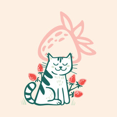 Draw vector illustration character cute cat with red strawberry