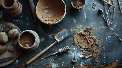 A table with pottery and tools, suitable for various crafts and DIY projects