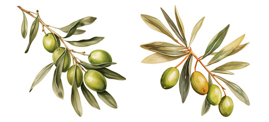 set of two cliparts of olive branch with green olives on transparent background watercolor illustration