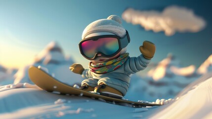 A 3D abstract render of a cute snowboarder  AI generated illustration
